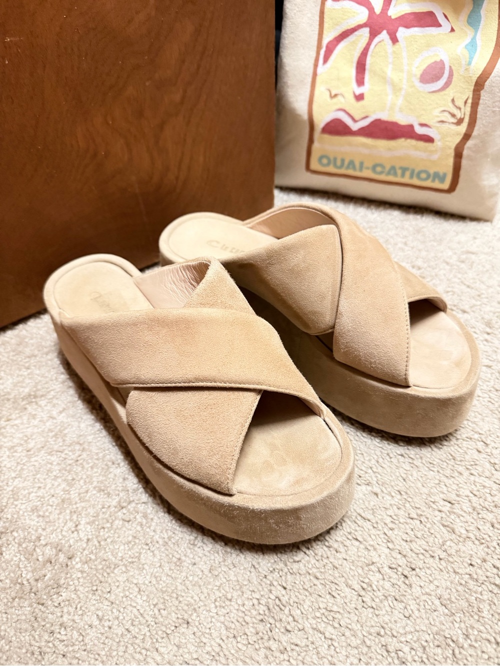La CANADIENNE Beige Suede Crisscross Platform Slides